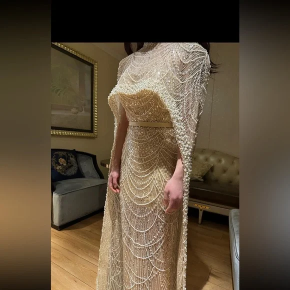 Dubai Arabia  Nude Mermaid  Long  Cape Luxury Evening Dresses Gowns - Picture 4 of 16